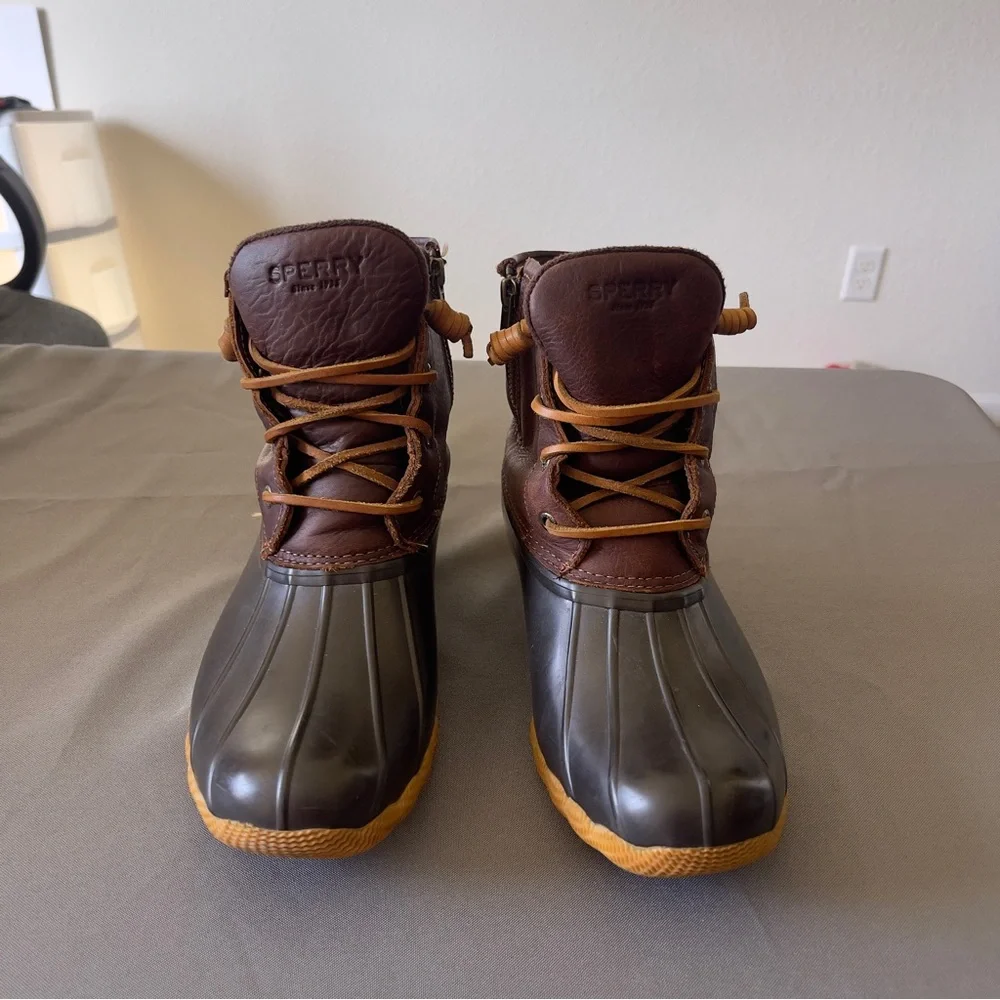 Sperry Saltwater Duck Boots | Brown Leather & Rubber Waterproof Boots Size 9 - Picture 3 of 7